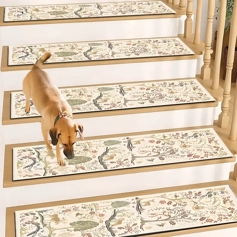 6/8/15pcs Diatom Mud Stair Treads, Super Absorbent Non Slip Carpet Mats for Wood Steps, Quick Drying Moisture Wicking Stair Runners, Vintage Forest Animal Botanical Washable Rugs for Dogs Kids Elderly