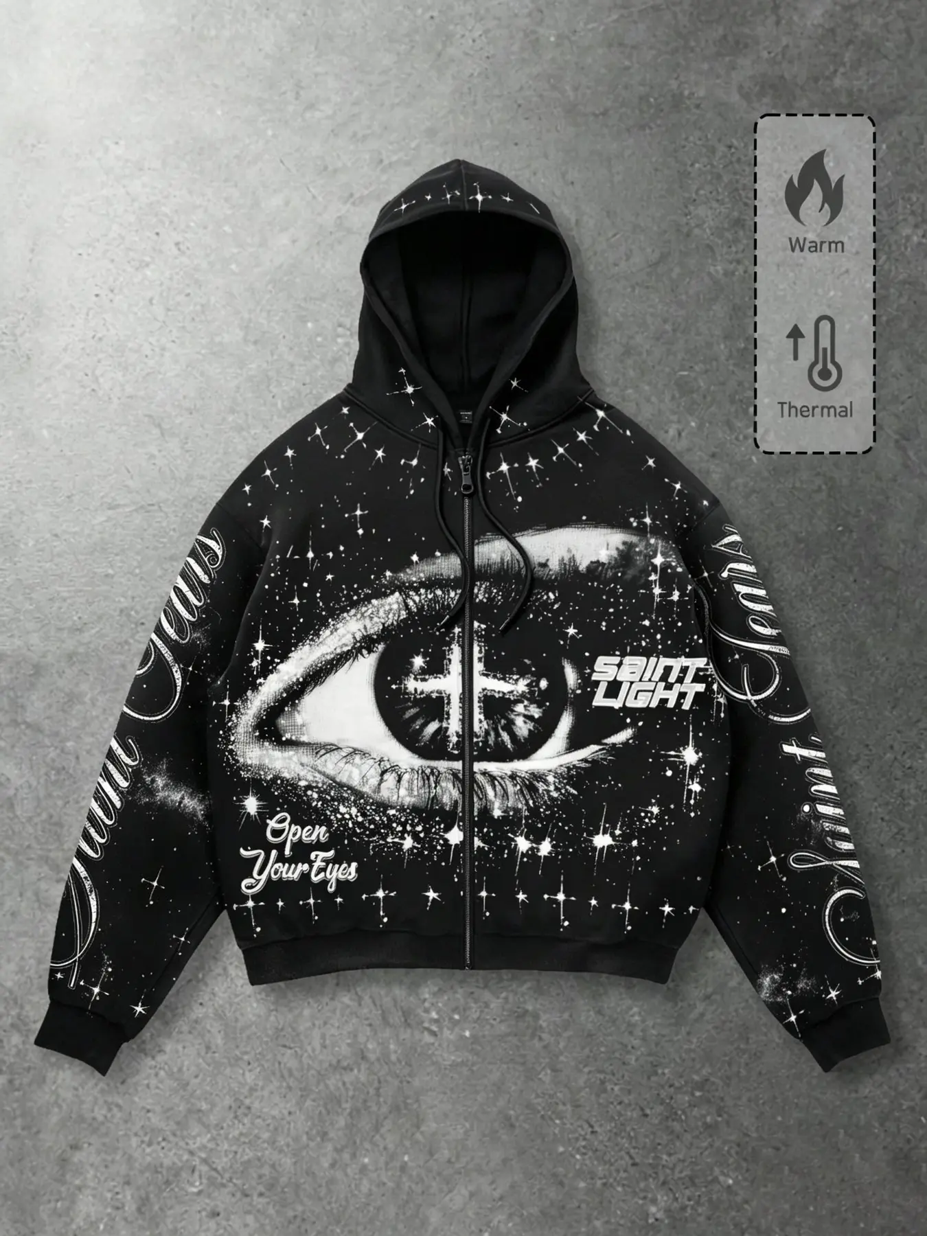 Men's Gothic Streetwear Hoodie, Full Zipper, Thick Warm Fabric, Starry Eye Pattern, Hip-Hop Winter Jacket, Loose Fit, Layered Style