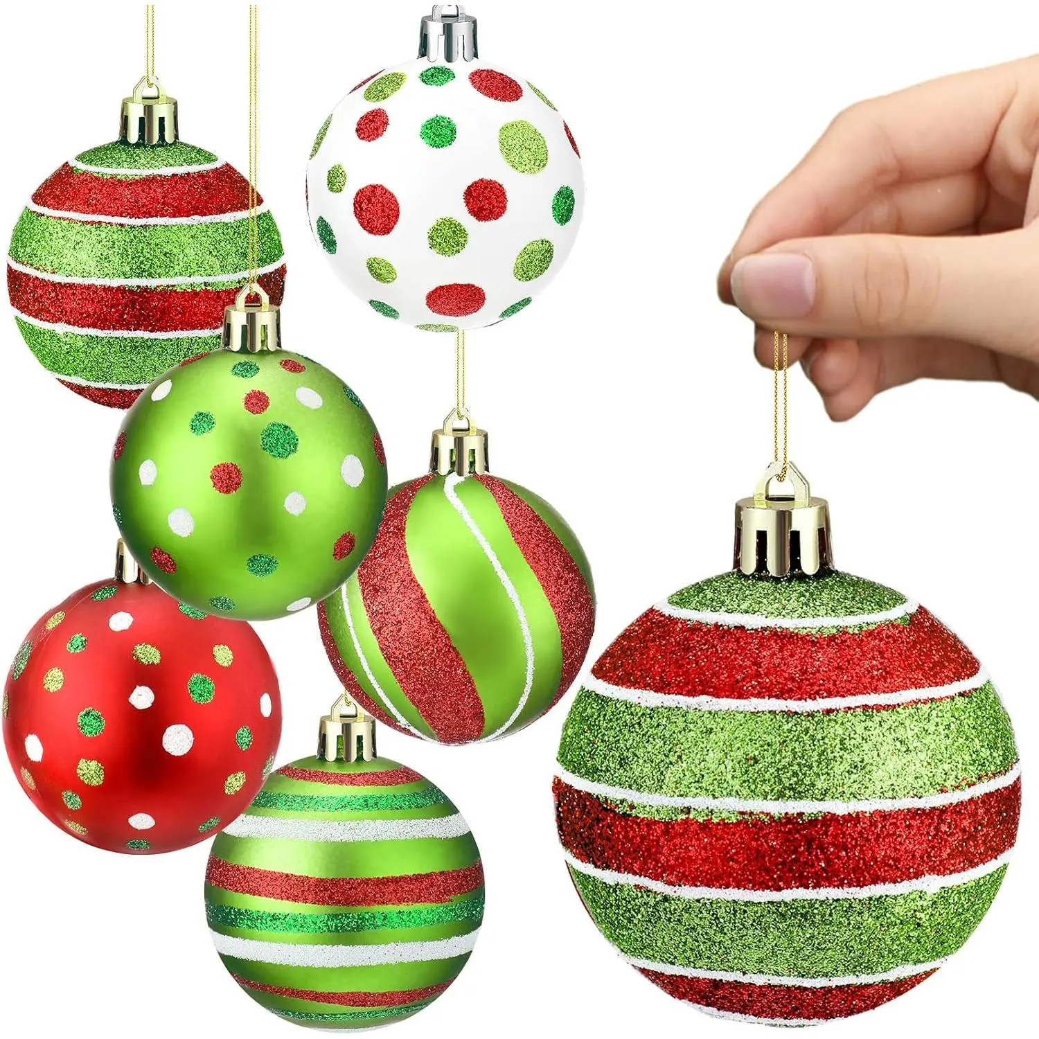 6 count Christmas Tree Ornaments, 3.9'' Red Green White  Ball | Christma Large Glitter Plastic Baubles, Striped Polka Dot Patterns, Candy Cane Peppermint, Xmas Tree Pendants Decorations