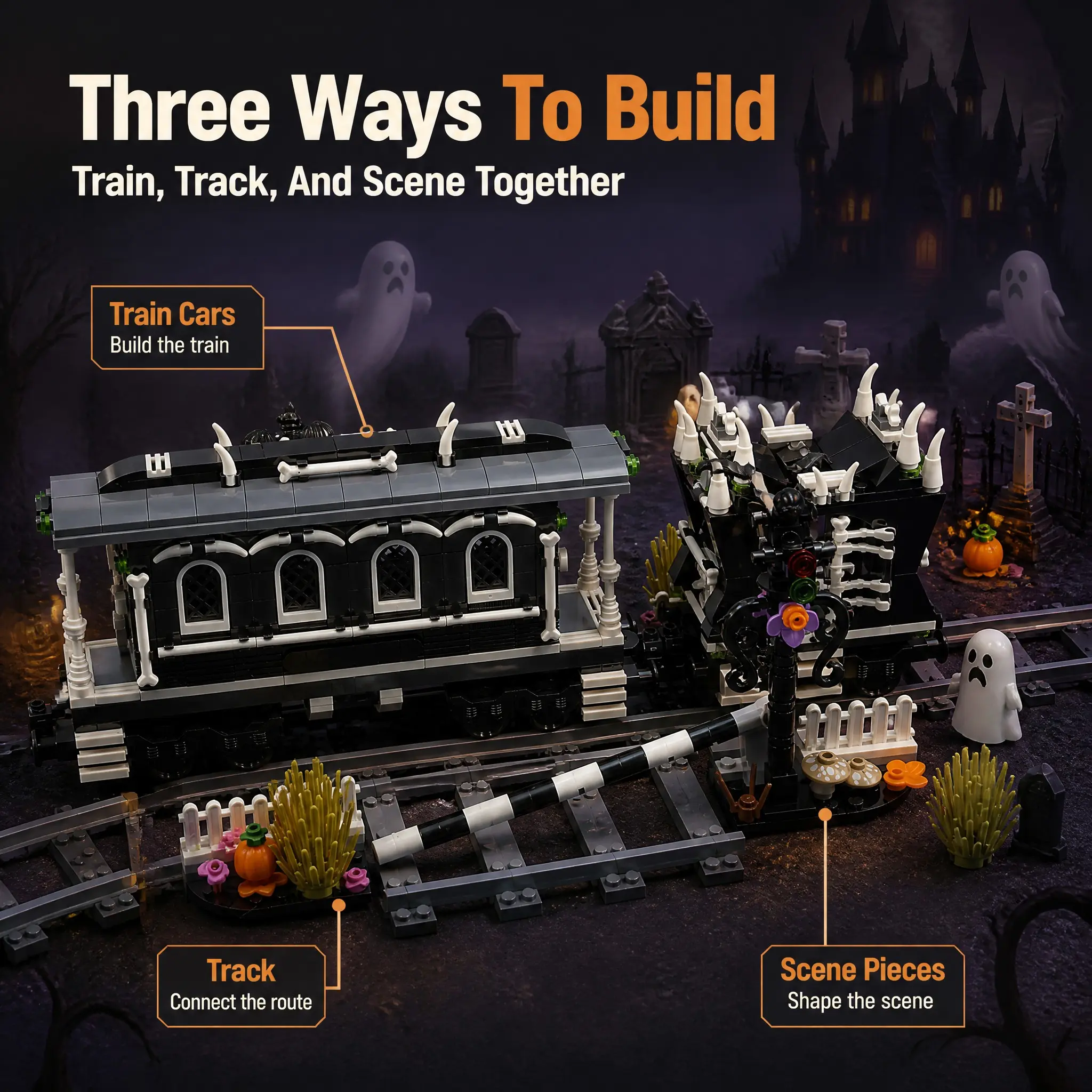 Three-In-One Creative Halloween Train Car Track Building Toy, Puzzle Blocks Small Pieces Decorative Item, Educational Diecast Toy
