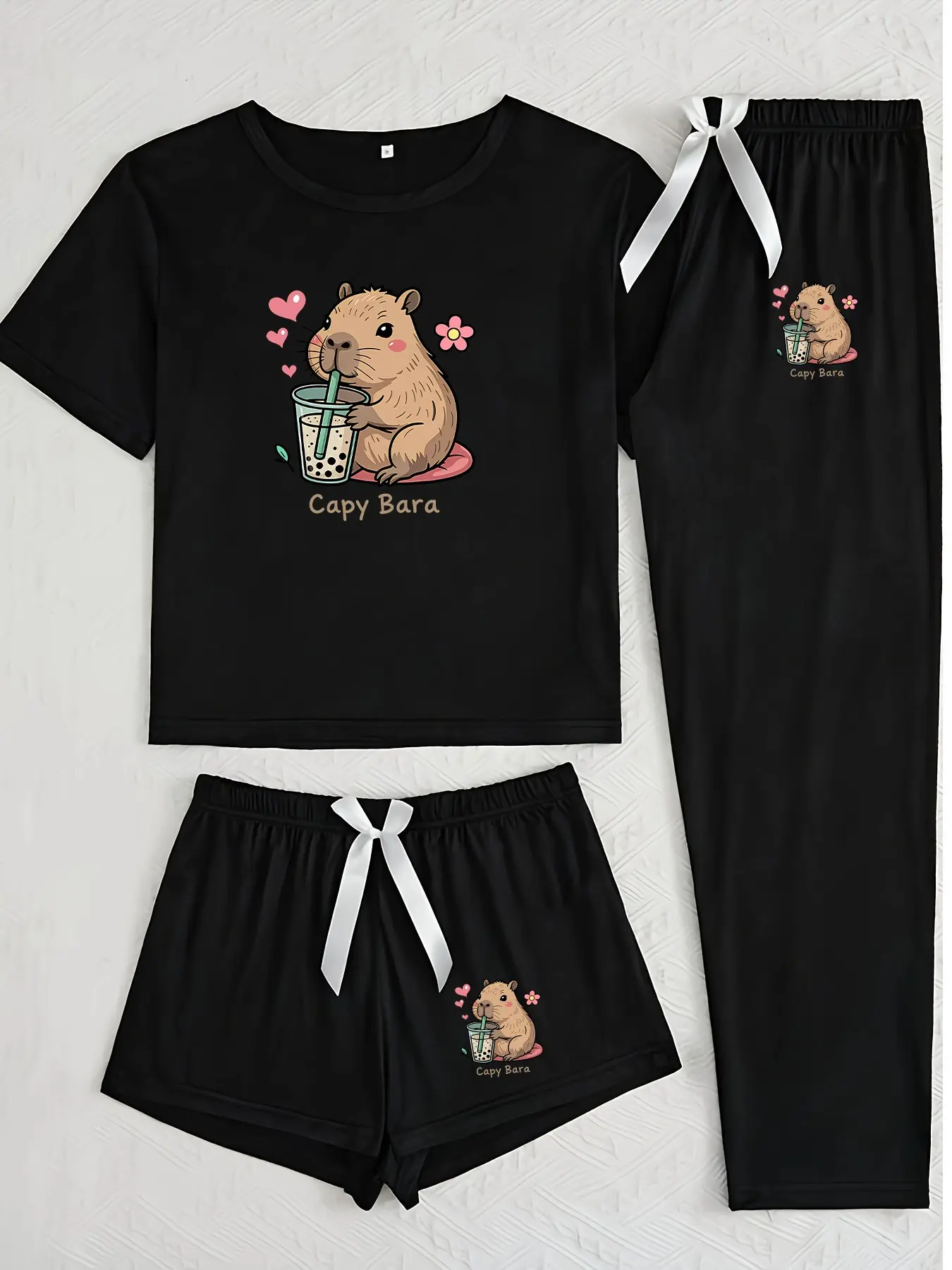 Three-Piece Pajama Set for Women, Cartoon Capybara Print, Casual Fitted Sleepwear, All Seasons, Random Pattern, Comfortable Nightwear, Pajamas Sets