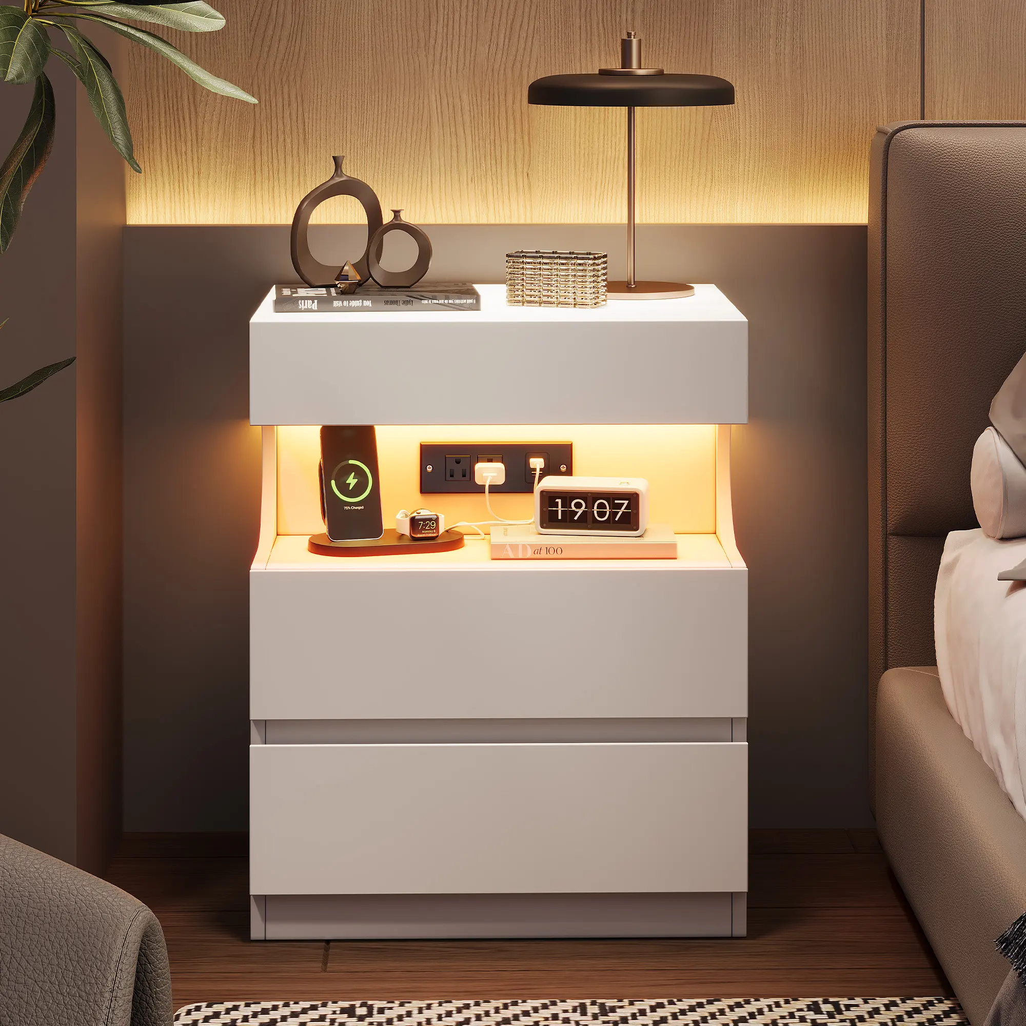 White Nightstand with App-Controlled LED Light, Modern Bedside Table with Charging Station, 3 Drawer End Table with USB Ports & Outlets, U-Shape Open Shelf, White Night Stand for Bedroom