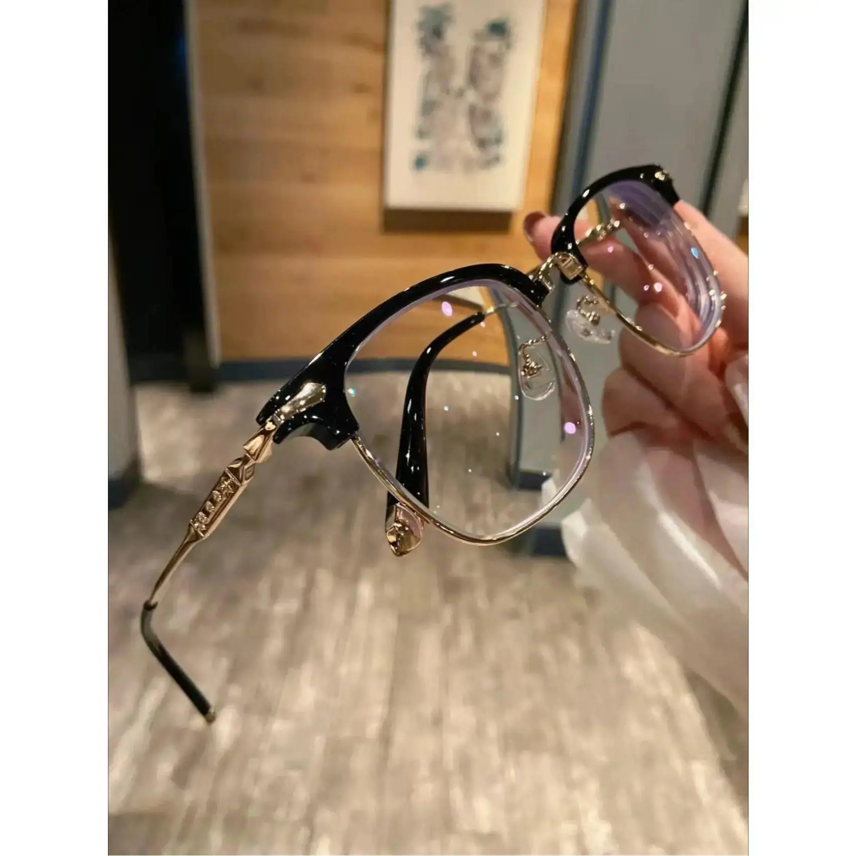 Gothic Luxury Browline Blue Light Glasses, Vintage Cross Carved Semi-Rimless Eyewear, Lightweight Clear Lens Office Computer Glasses for Women,summerwins,father'sdaygifts,campingessentials,campinggear