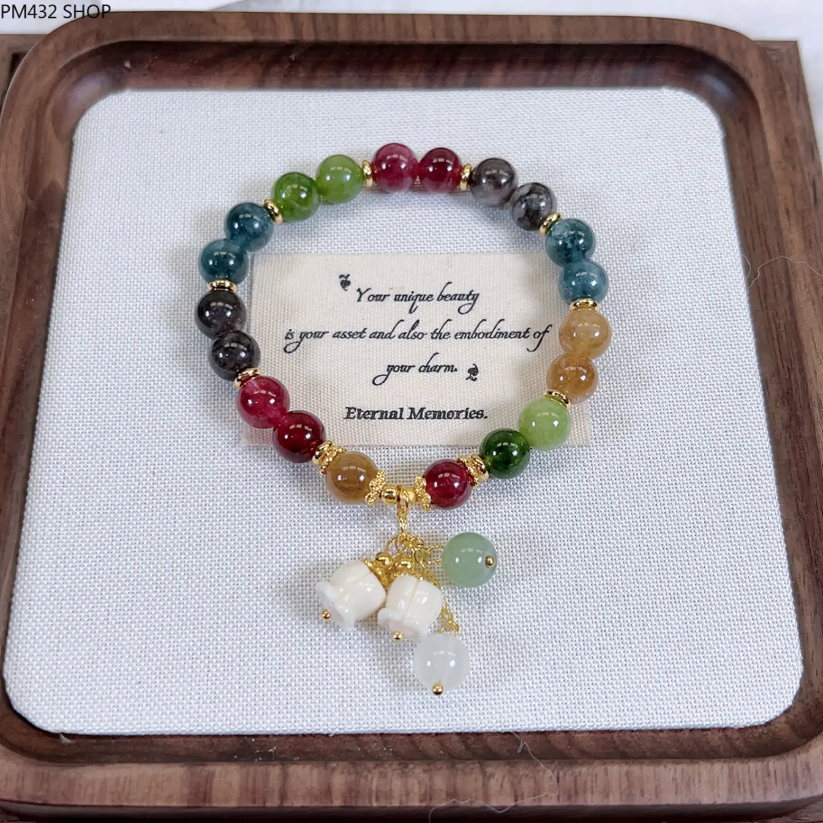 Unisex Ins-Style Tourmaline Bell Orchid Beaded Charm Bracelet with Ruyi Lucky Symbol, Ethnic-Style Costume Jewelry for Daily Wear, Birthday Gift