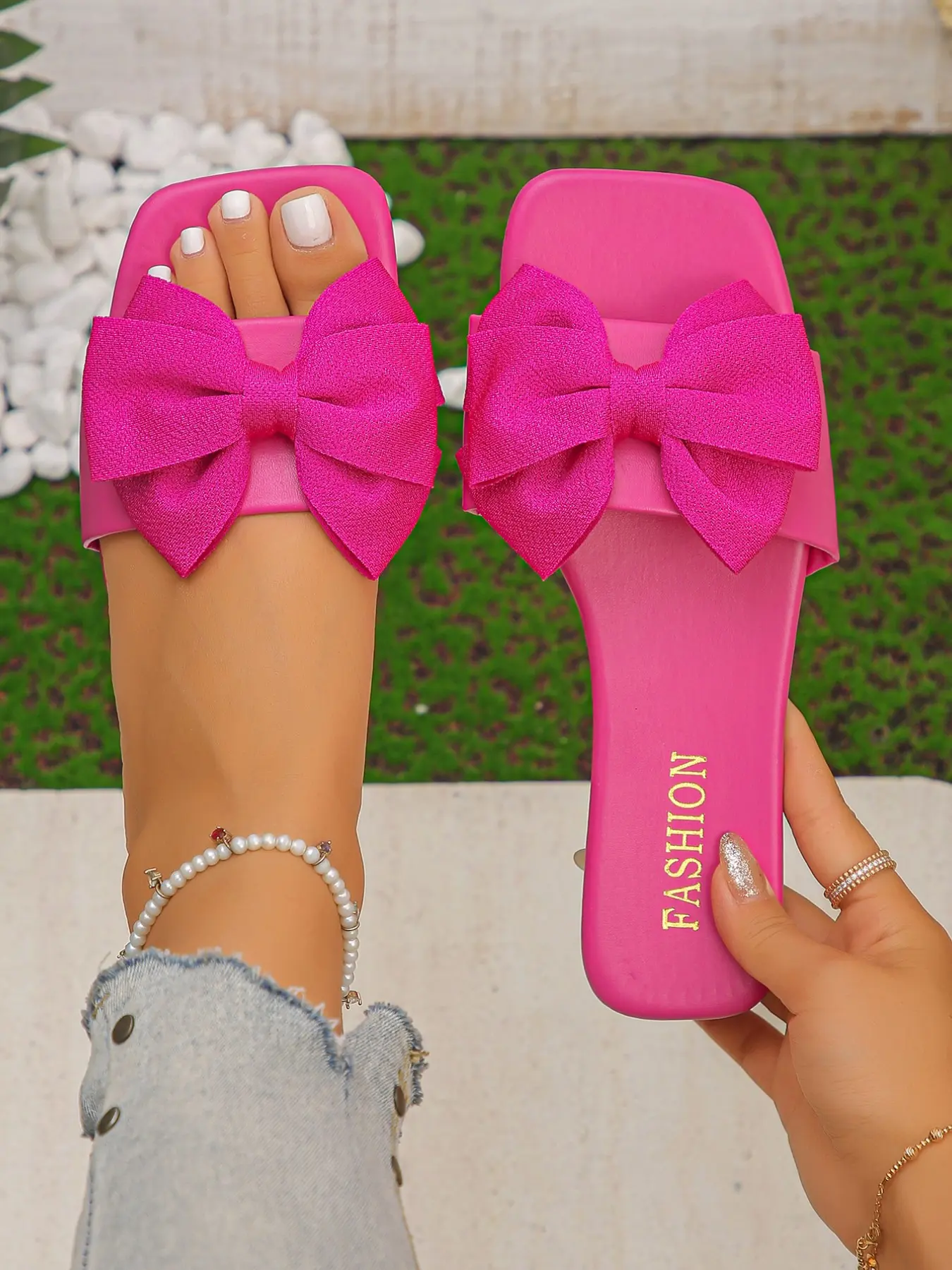Women's Big Bow Square Toe Slide Sandals, Solid Color Flat Summer Slippers, Comfortable Casual Footwear for Daily Wear