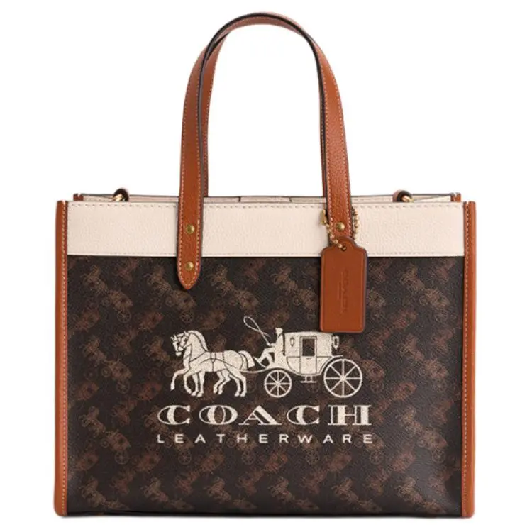 COACH Field 30 Coachella Print Tote Bag for Men and Women – Truffle and Highlight Amber Leather-Blend