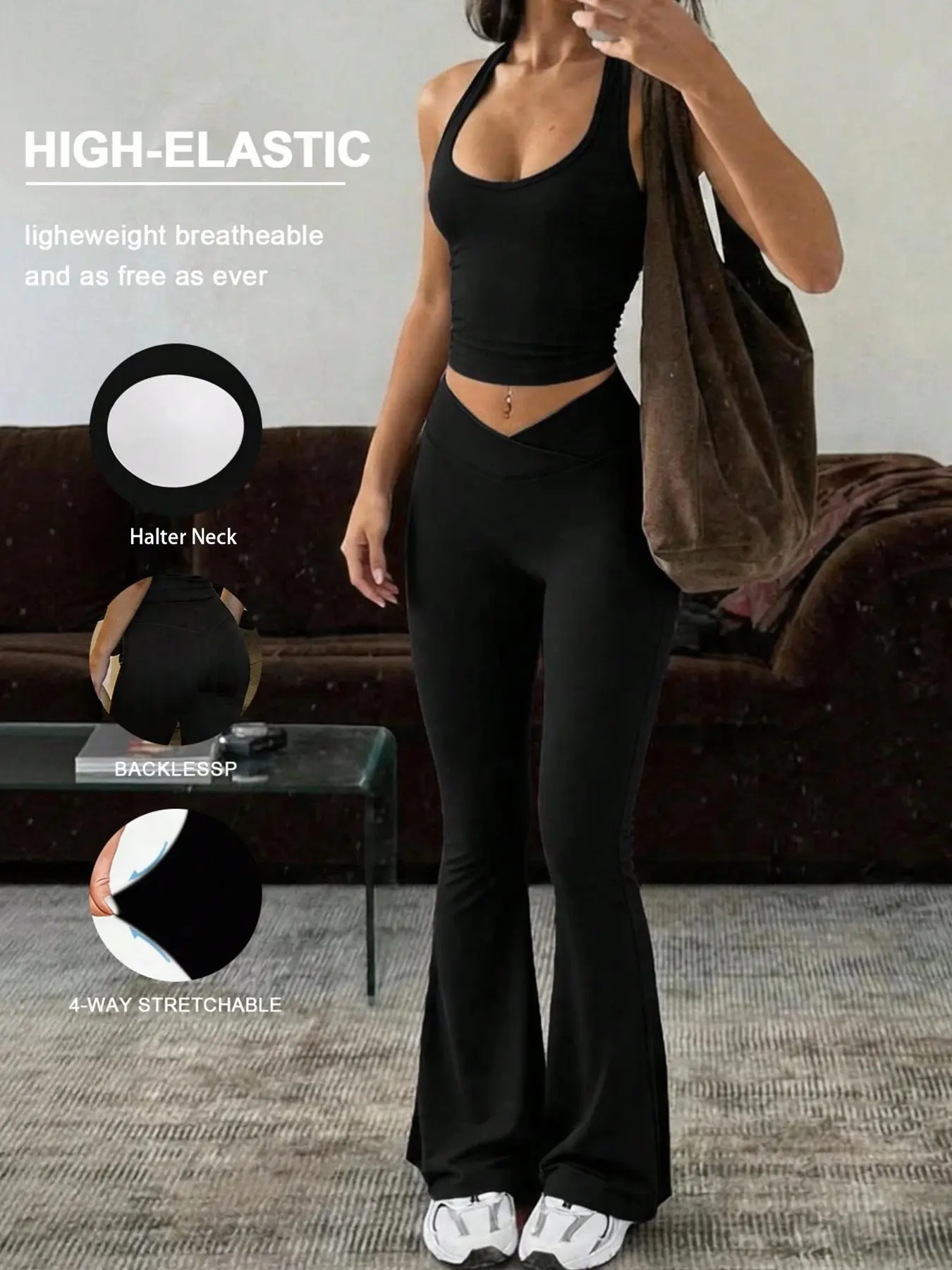 Women Halter Backless Crop Tank Top & V‑Front Flared Leggings 2 Piece Outfit,4‑Way Stretch Lightweight Slim Active Sets,Street Sportwear for Gym Yoga Daily Casual,whos your friend madison outfit