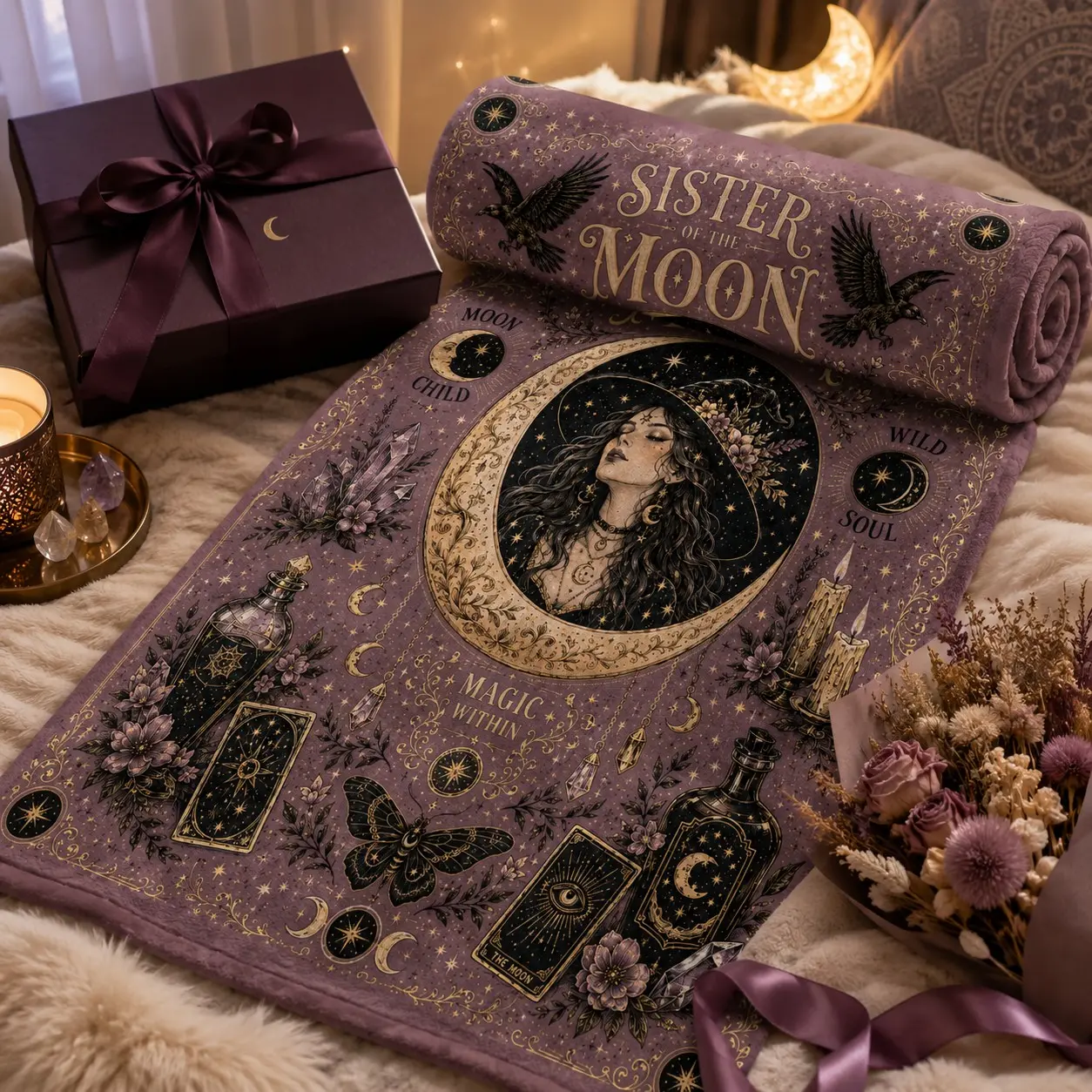 Moon Sisters Mystical Witch Tarot Fleece Blanket, Dark Crystal Raven Potion Magic Cover, Ultra Soft Warm High-Definition Print, Bohemian Bedroom Decor Meditation Blanket, Flannel Throw Blanket