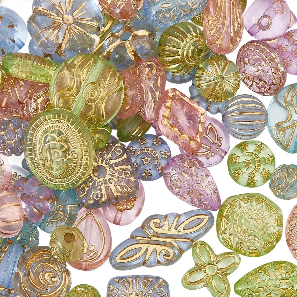 94 count   Bohemian Beads with Holes Metal Enlaced Transparent Colorful  Aesthetic Flower Round Oval Czech Bead for  Making Bracelet Necklace DIY Craft Supplies, Lightweight, 2.2Mm, Synthetic, Beads Making