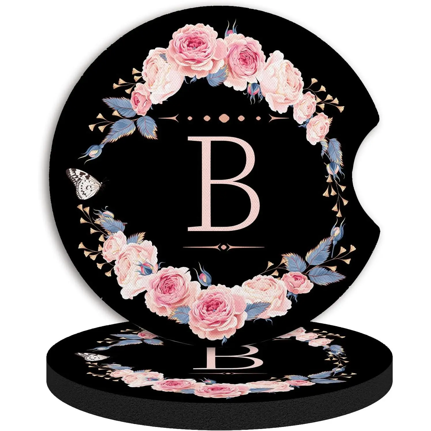 2 count Letter B  Coasters,Absorbent  neoprener Cup Holder Coasters with a Finger Notch, Accessories for Women&Man Interior,2.75"