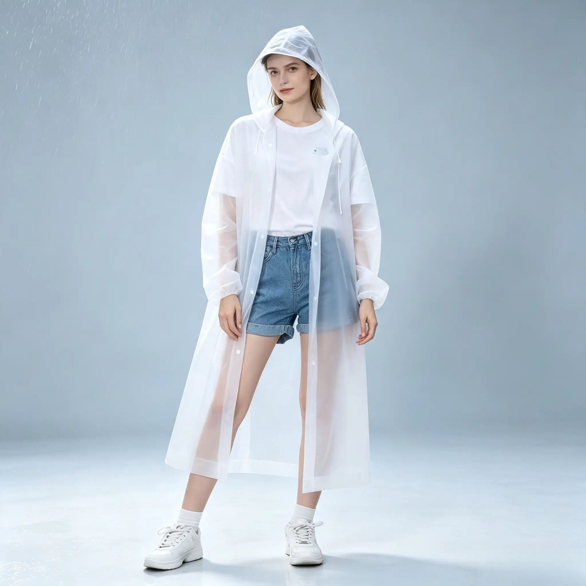 1 White Thickened Transparent EVA Hooded Full-Body Raincoat, Portable Outdoor Waterproof Rain Jacket With Long Sleeves, One-Piece Raincoat For Adults, Stylish One-Piece Raincoat For Cycling, Hiking Raincoat, Adult Fashion Trench-Style Raincoat EVA