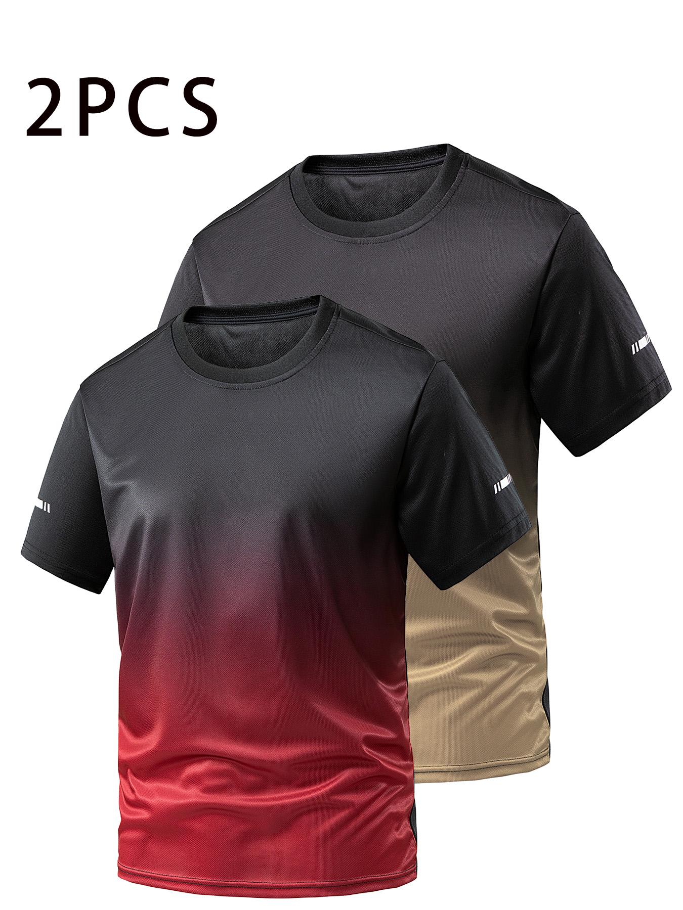Men's Ombre Print Round Neck Tee, Regular Fit Sporty Quick Drying Breathable Short Sleeve T-shirt, Activewear T Shirt, Gym Tees for Gym Workout Running, Men's Top for All Seasons