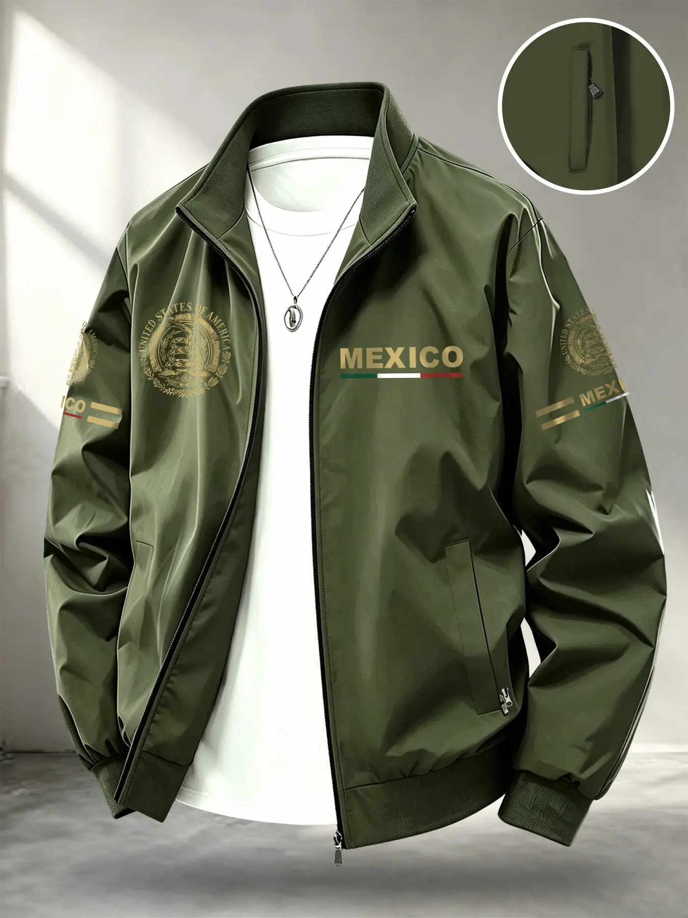 Men's Spring Summer Mexico Pattern Jacket, Portable Fashion Zipper Pocket Design, Ideal Gift for Boyfriend or Father, Casual Pocket Outerwear