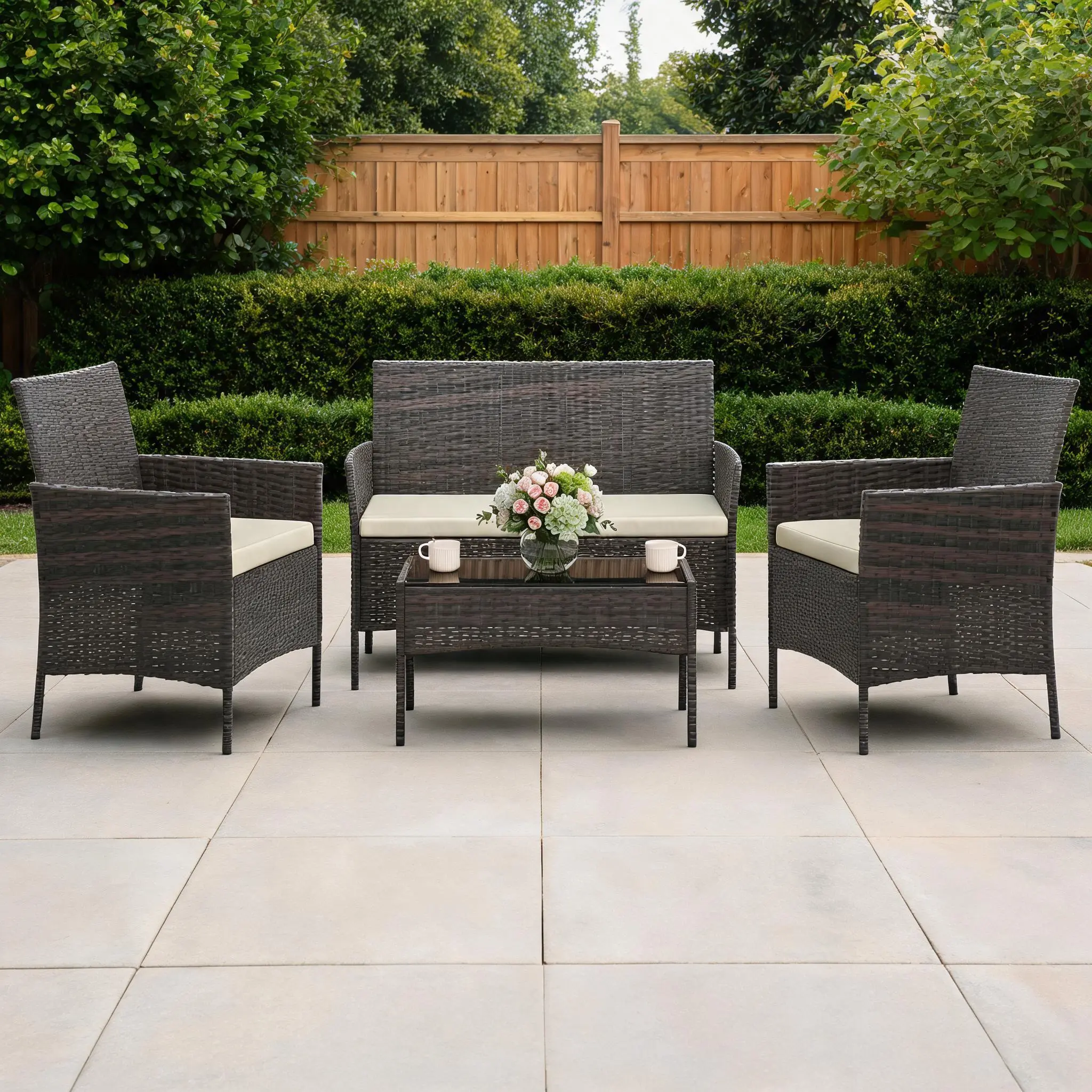 4 Piece Wicker Rattan Patio Furniture Set , 2 Chairs & One Loveseat & One Coffee Table for Patio Front Porch Balcony Bistro