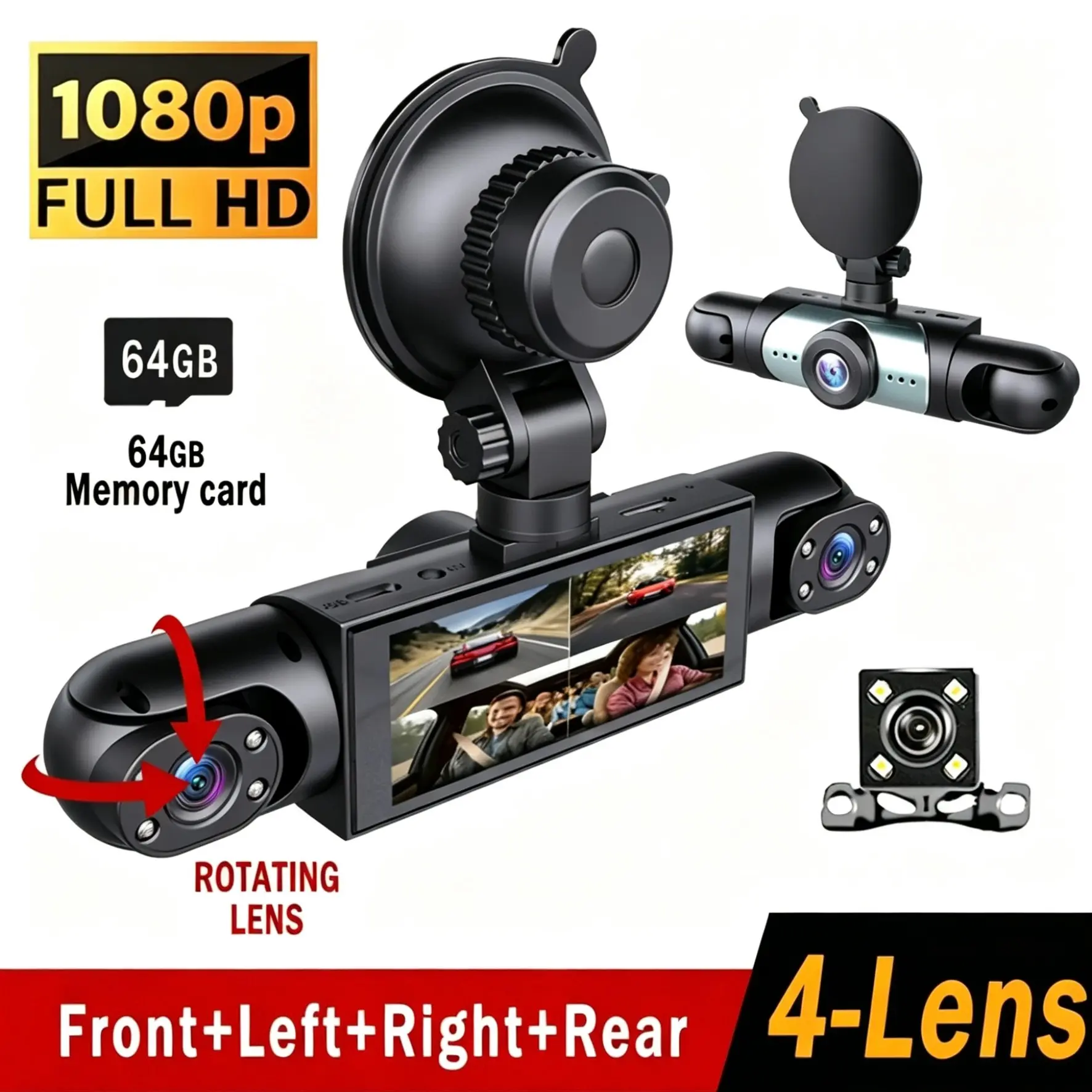 Top Rated 4-Channel Dash Cam for Truck & Delivery Drivers! Non Wireless Wired Type, 1080P Full HD Front + 720P Rear Left Right All-Round Coverage, Power Supply Required for Use, G-Sensor Emergency Lock, Free 64GB SD Card Gift, Vehicle Dashboard Safe Drivi