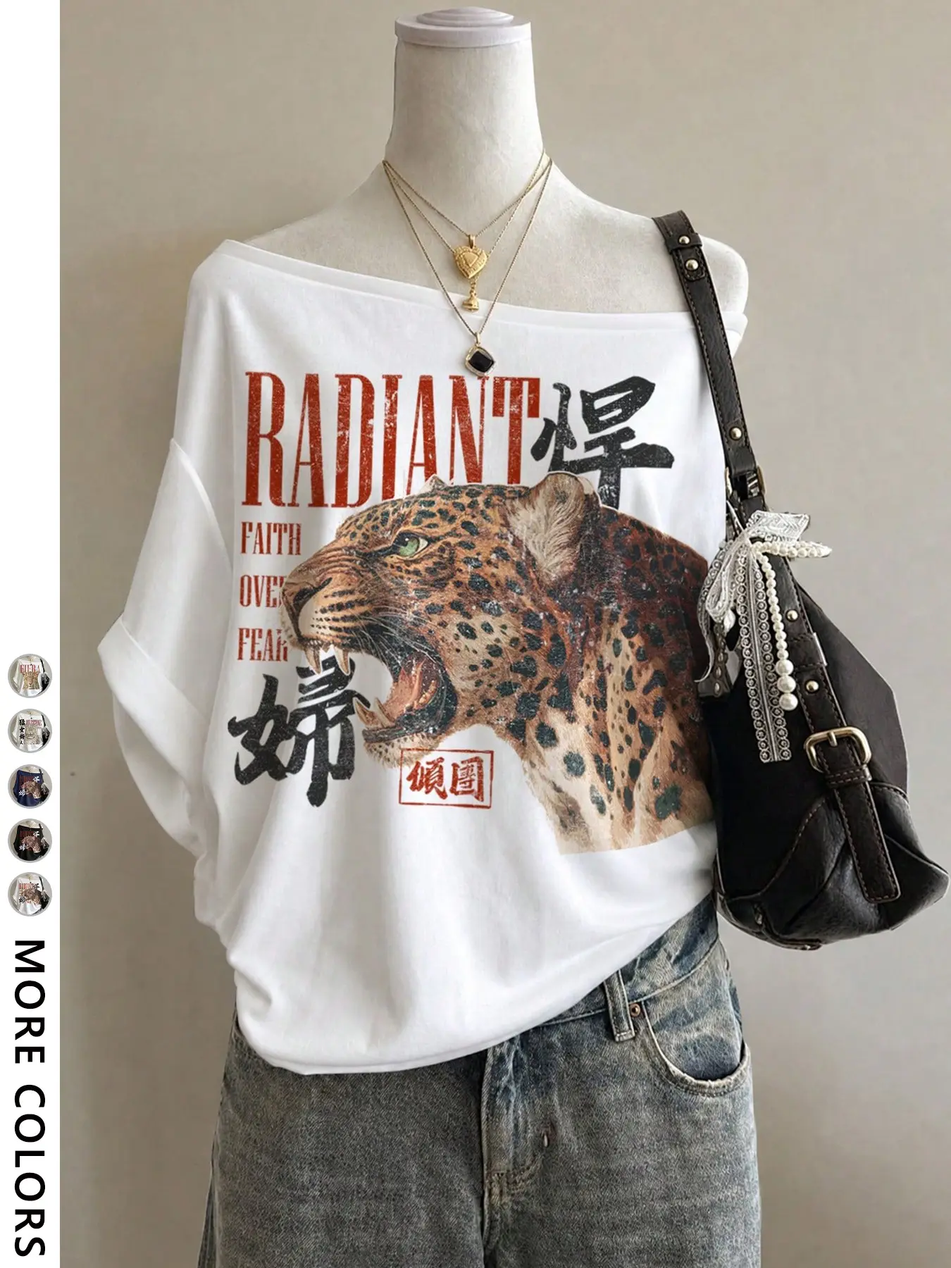 Women's Loose-Fit Short-Sleeve Off-Shoulder T-Shirt, Leopard Print Casual Fashion Y2K Summer Top for Outings & Shopping