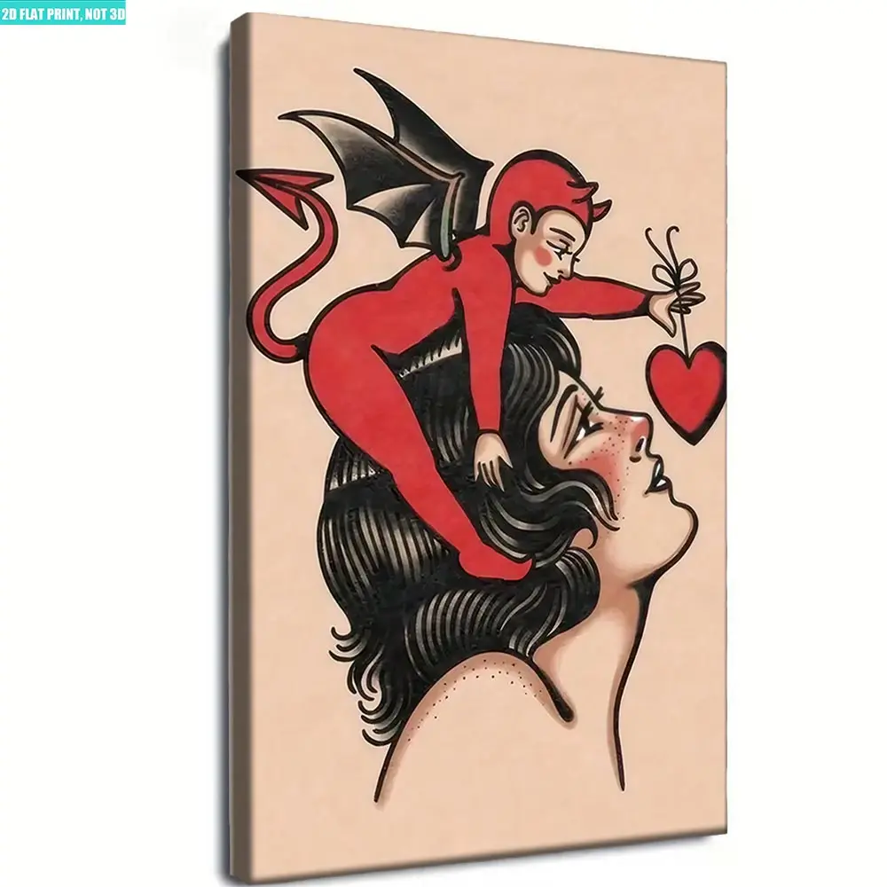 Framed 2D flat canvas art poster with unique vintage modern cartoon tattoo design printed with the slogan Love Is Evil, distinctive aesthetic wall decor for living room, bedroom and home office church art decoration apartment