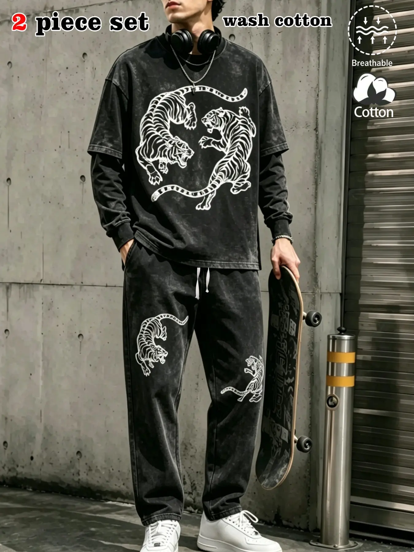 Men's Vintage Tiger Print Two-Piece Set, Loose Fit Long Sleeve Top & Straight Leg Pants, Punk Streetwear Style, Breathable Fabric