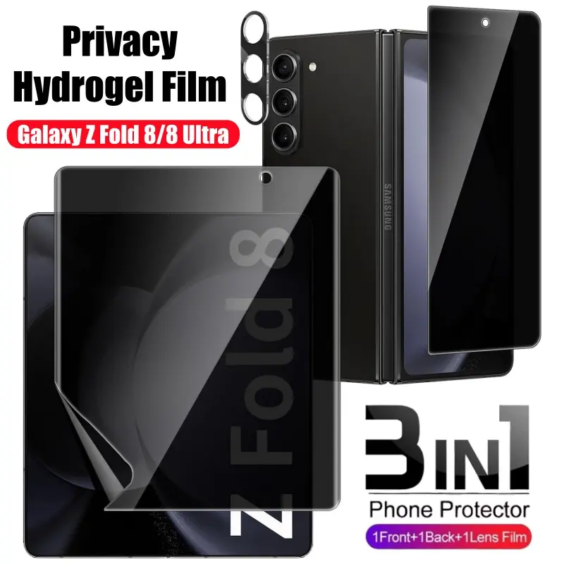 3-in-1 Privacy 999D Hydrogel Film For Samsung Galaxy Z Fold 8/8 Ultra 5G Front Inner Protective Screen Protector 3D Curved Camera Lens Glass Film Anti-peeping Soft TPU Film