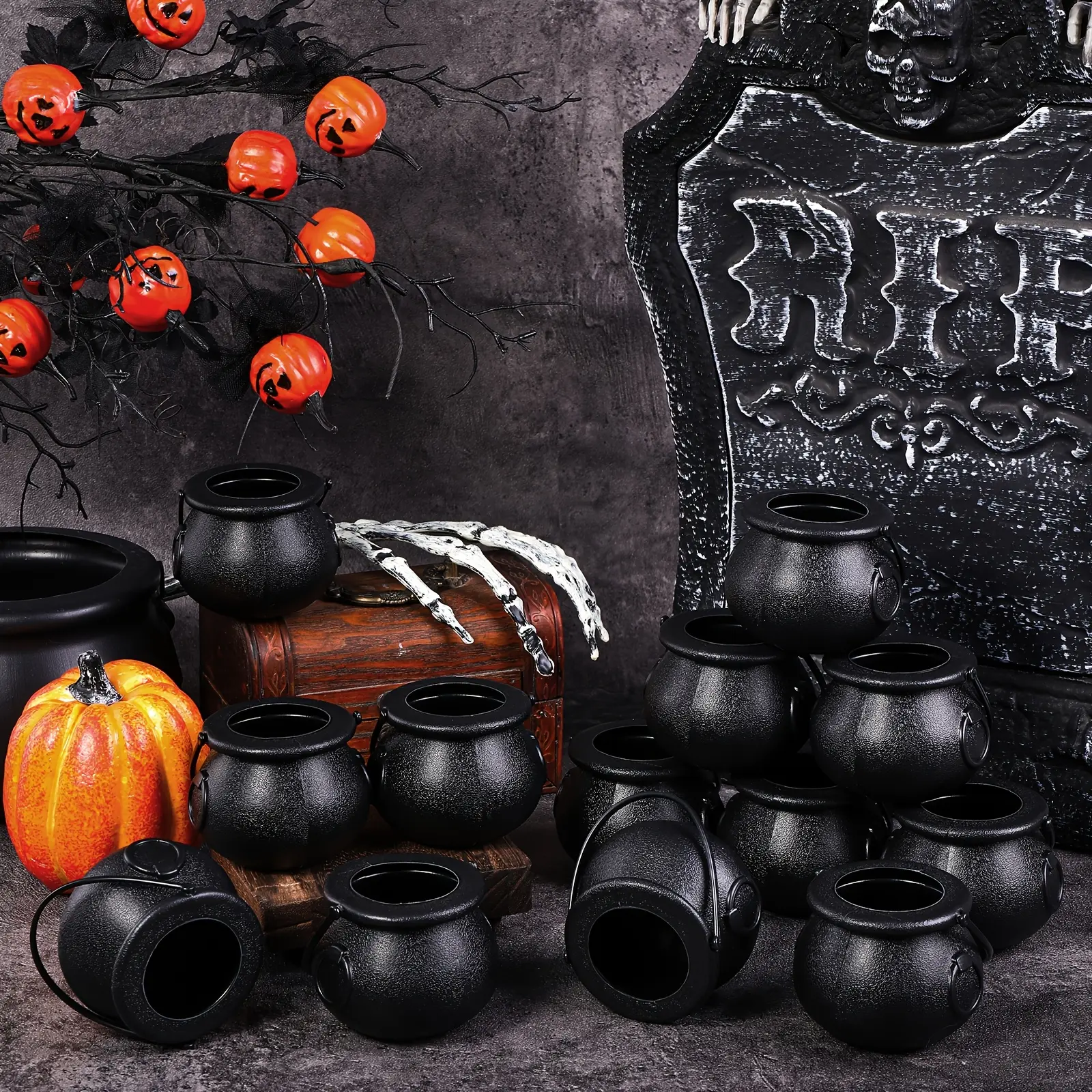 12pcs Mini Cauldron Kettles, Novelty Kettles, Halloween Black Cauldrons And Holder, Witches' Cauldron, Cauldron Pot Party Favors (Non-Food Contact)
