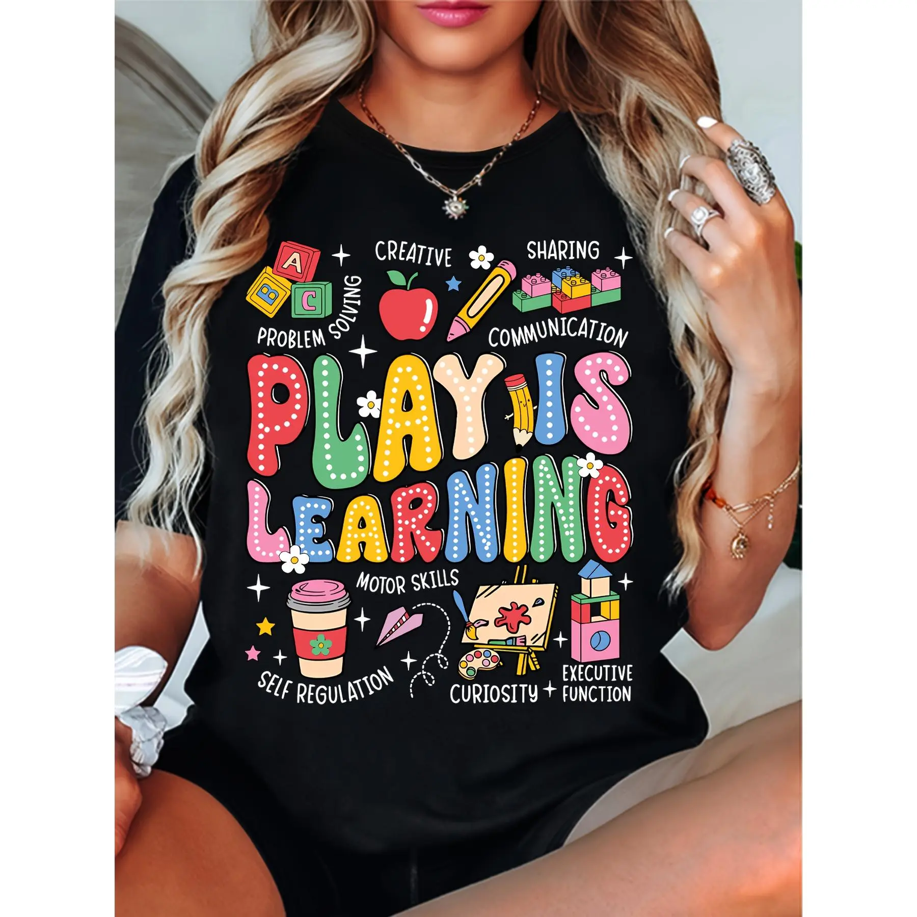 Play Is Learning Teacher T-Shirt - Vibrant Educational Graphic Print, Breathable Summer Casual Tee, Machine Washable Round Neck Top for Educators, Back to Gift for Teachers, Teacher Shirt, Casual Wear, Playful Design, Medium Stretch Fabric