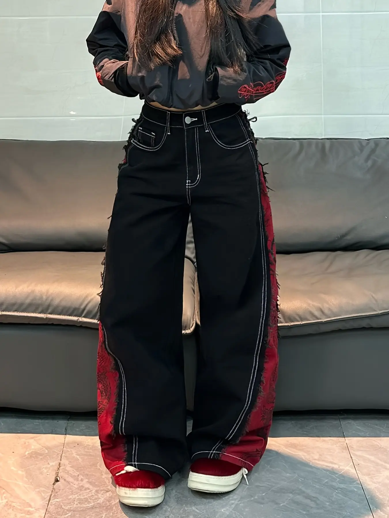 Women's High-Waisted Wide-Leg Jeans, Colorblock Frayed Dragon Print, Streetwear Baggy Loose Fit, Casual Daily Wear, Multiple Colors Available