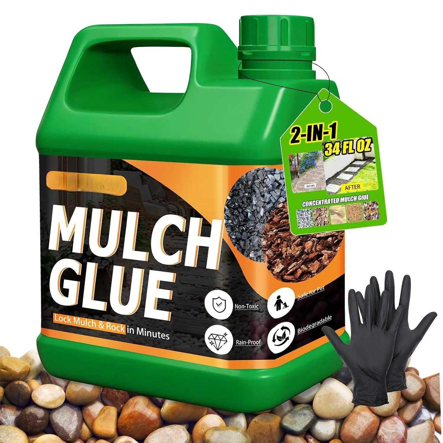 Mulch Glue, -Drying,   Gravel & Rock Binder,  Adhesive for Pea Gravel, Mulch, Stones, Secure &  Coverage for Garden, Yard & Outdoor Projects(34oz)
