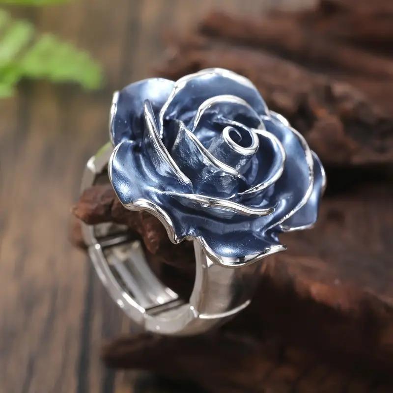 Vintage Enamel Blue Rose Statement Ring for Women | Rococo Style European & American Elegant Jewelry | TikTok Live Cross-Border Accessory