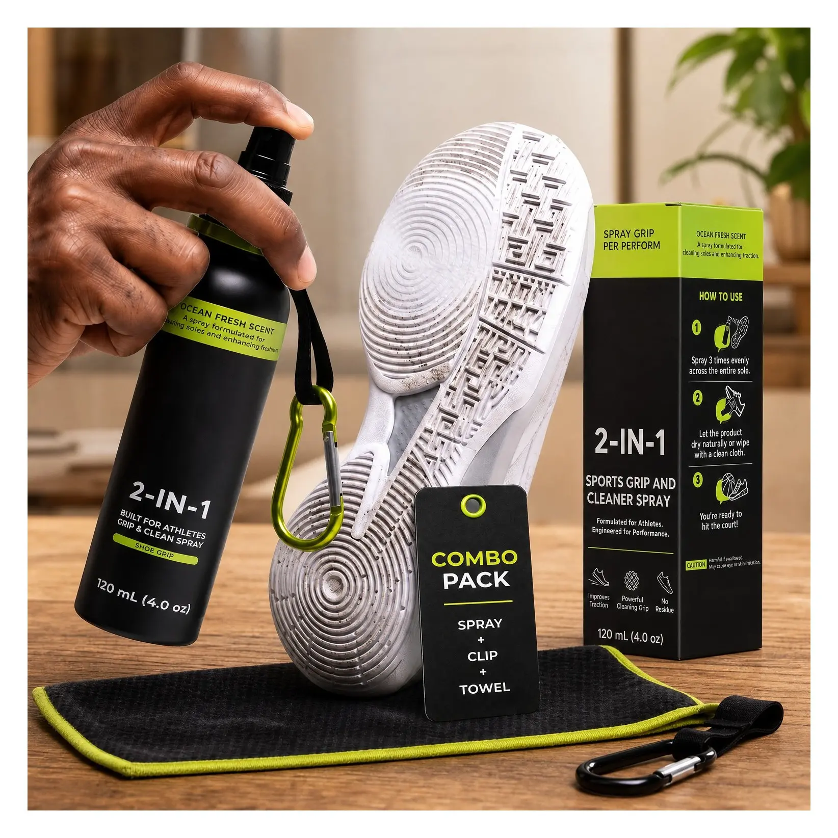Anti-Slip Shoe Grip Spray & Sole Rejuvenator for Basketball, Volleyball, Pickleball - 2-in-1 Court Shoe Cleaner & Enhancer with Microfiber Towel and Backpack ClipGift