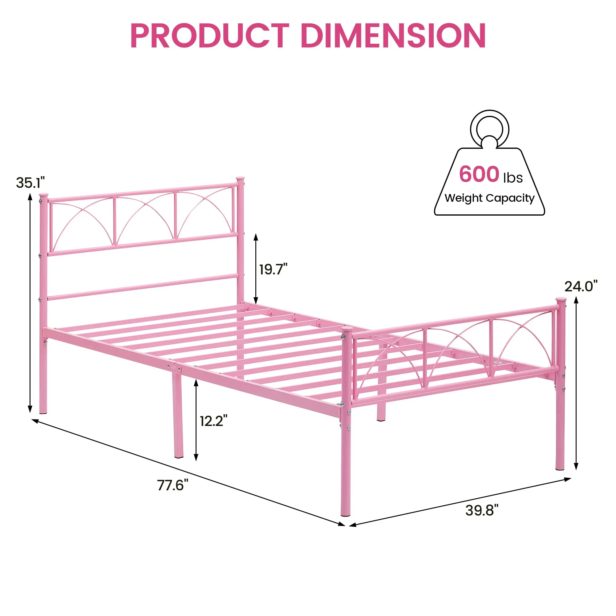 GARVEEModern Stylish Iron Bed Frame with Headboard & Footboard, Firm Support, Metal Platform, No Box Spring Needed, Under Bed Storage, Easy Assembly, Pink Twin