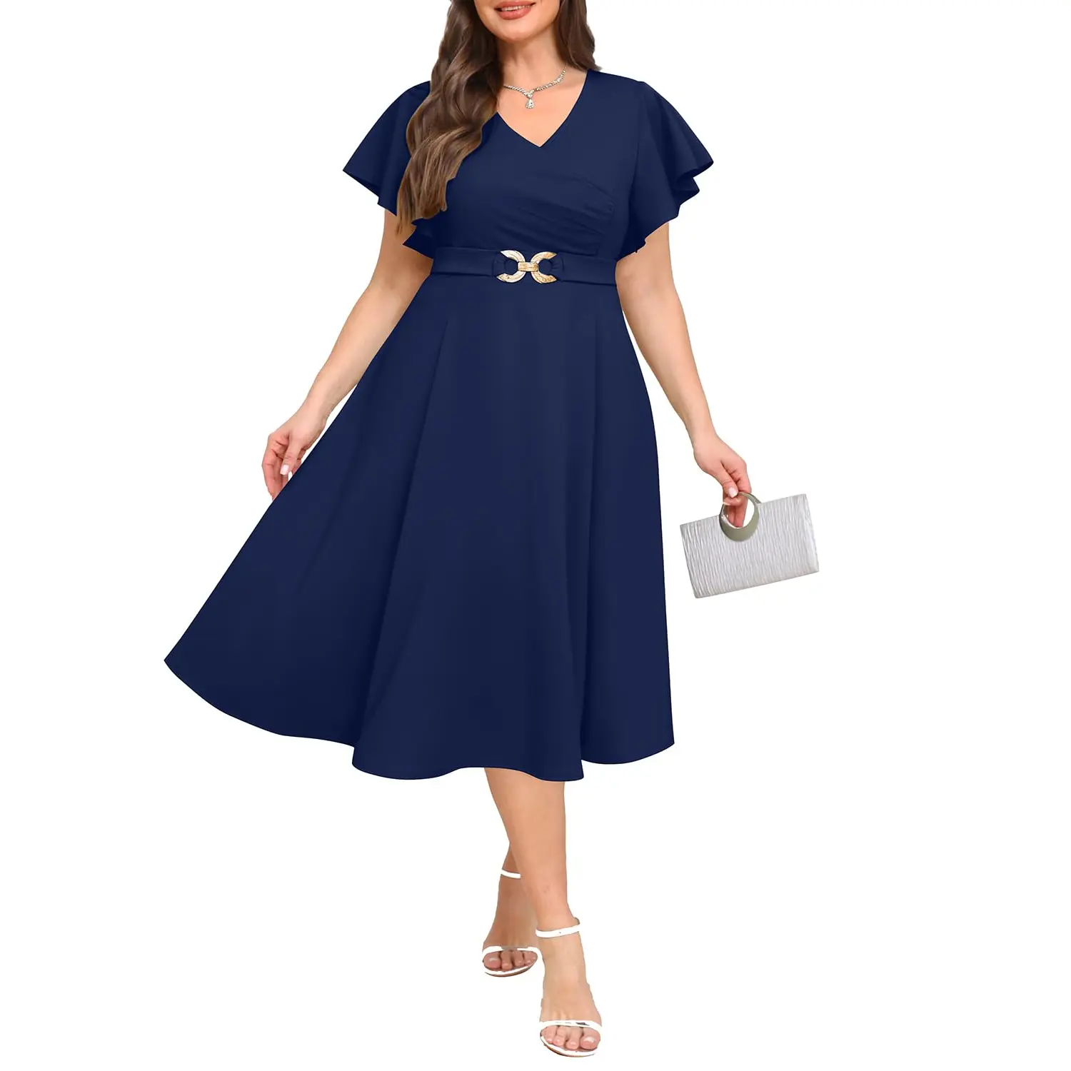 PINUP FASHION Women's Plus Size Western Pinup Dress - Chic Formal Wear, Spandex-Polyester Fabric, Buckle Belt, A-Line Midi, Short Sleeves, Pockets, Fit for Wedding Guest Occasions