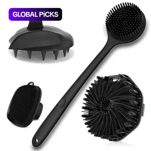 Silicone Body Care Brush Set, 4 Counts Long-Handle Back & Face Brushes, Bath Brush & Hairbrush, Professional Skincare Tools for Home & Travel Use, Shower Brush Exfoliating Tool