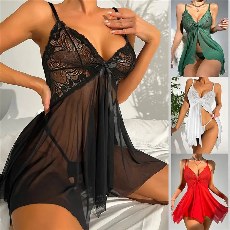 Women's 2-Piece Floral Lace Babydoll Lingerie Set - Deep V Sheer Polyester Nightdress, Irregular Hem Sleeveless Nightwear, Matching Thong, Chic Asymmetrical Minimalist Loungewear
