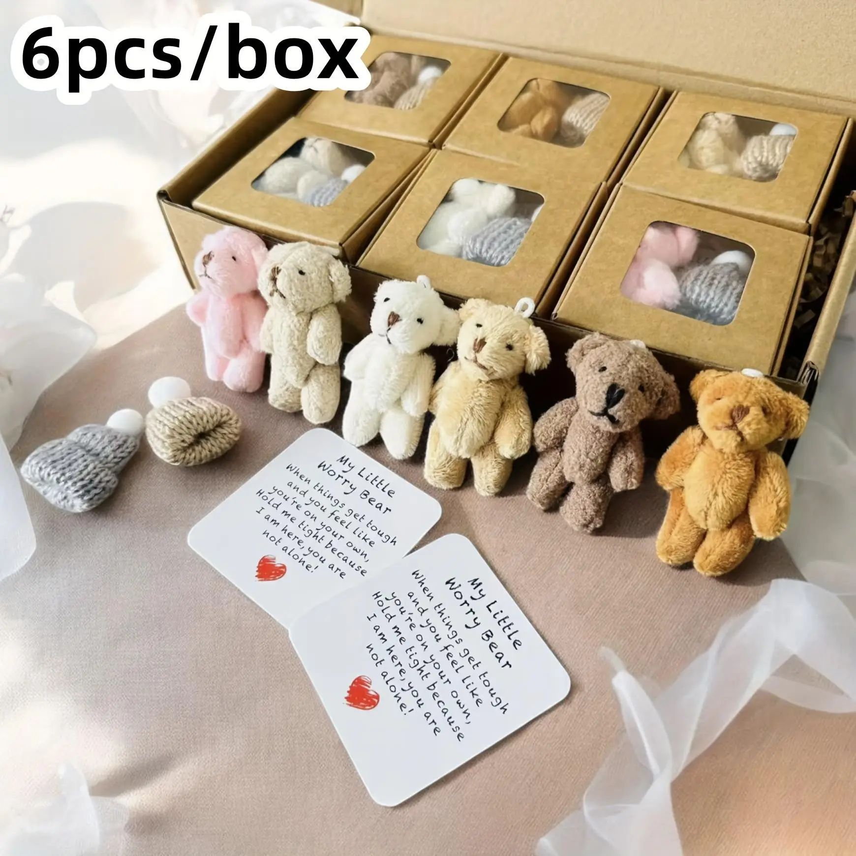 6 Pack Little Troubles Bear Gift Set, Soft Stuffed Teddy Bear Plush Toys, Wedding Party Favors, Holiday Gifts, Friendship Presents, Stuffed Animal Gifts