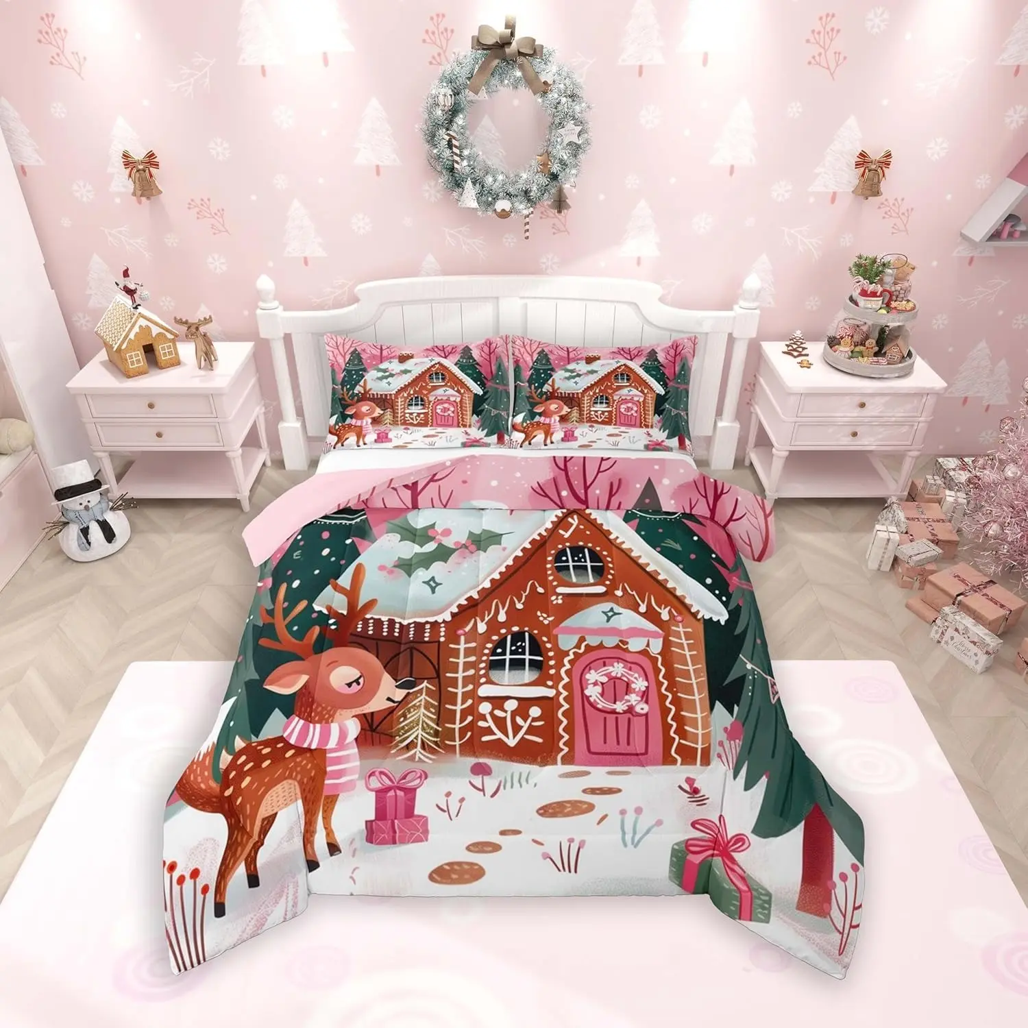 Christmas Theme Bedding Set, Full Size Quilted Comforter, Soft Polyester Fiber Wadding, Includes 2 Pillowcases & 1 Quilt, Ideal for Boys Girls Bedrooms