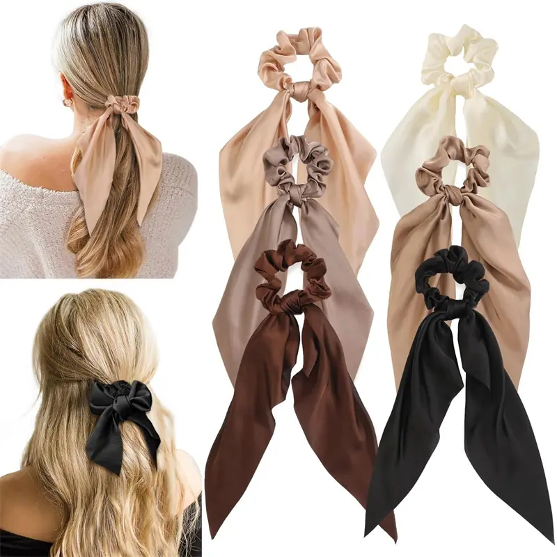 Women's 6pcs Smooth Satin Scrunchies with Long Ribbon Tails - Hairbands & Scrunchies, Elegant Solid Colors, Elegant Finish, Metal Accents, Plain Design, Black/Dark Coffee, Half-Up Ponytail Styling, Daily Use, Fabric Construction