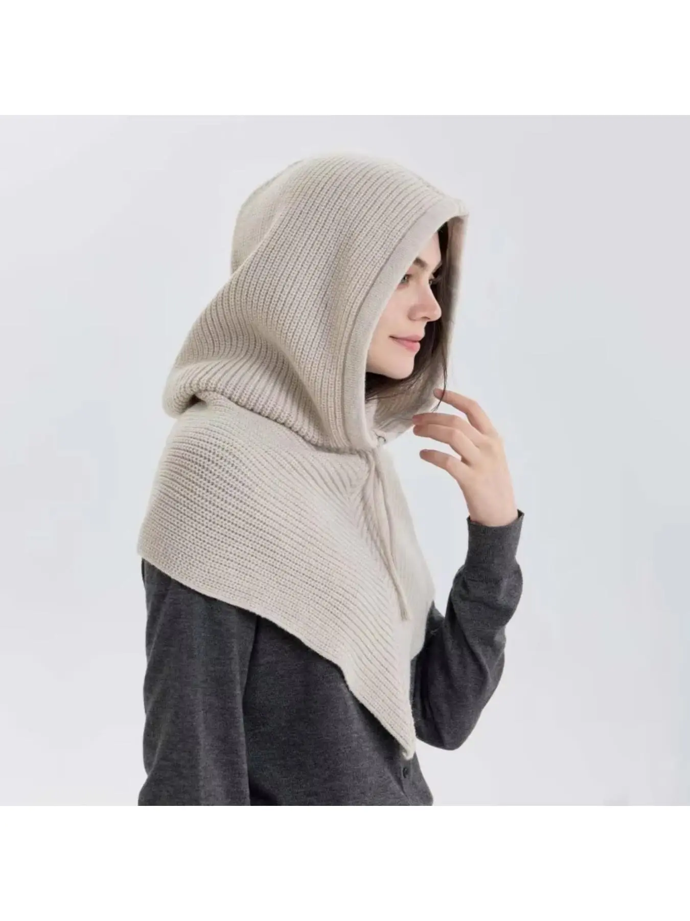 Solid color drawstring knit one-piece ear protection headband for autumn and winter outdoor windproof and integrated warm versatile headscarf and hat