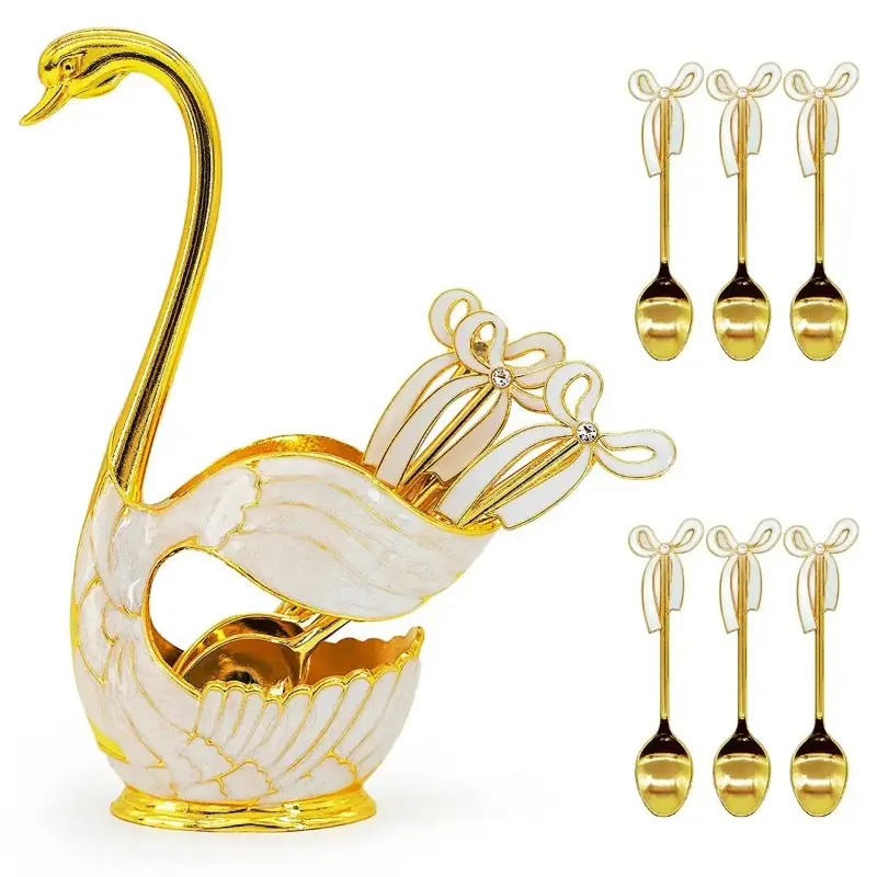 Coffee Dessert Spoon Set Metal Swan Base Holder Spoon Organizer with 6pcs Ice Cream Spoons Teaspoons Coffee Dessert Flatware (Gold)#payday