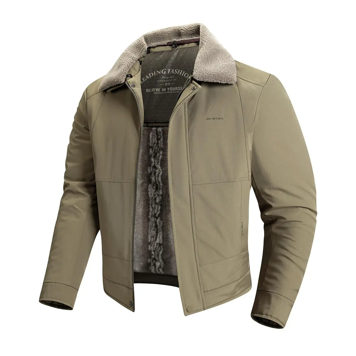 Men's Plain Workwear Winter Jacket, Windproof Medium Length Polyester Coat with Fleece Lining and Sherpa Collar, Machine Washable