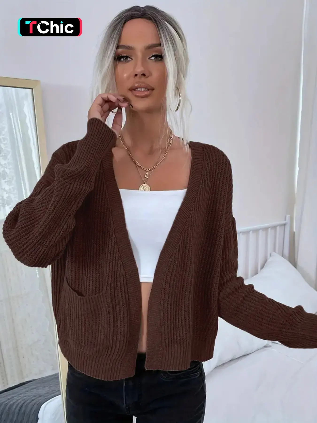 Women's Basic Solid Baggy Fit Drop Shoulder Only One Pocket Open Front Knitting Cardigan, Casual Long Sleeve Knitwear for Spring & Fall, Fashion Women's Knit Clothing for Daily Wear