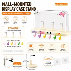 No-Drill Wall Mount Figure Display Case with 3 Doll Support Stands & 6 Hanging Hooks, Clear Dustproof Storage Showcase for Labubu Plush Toys, Mini Action Figures, Small Collectibles, Cream
