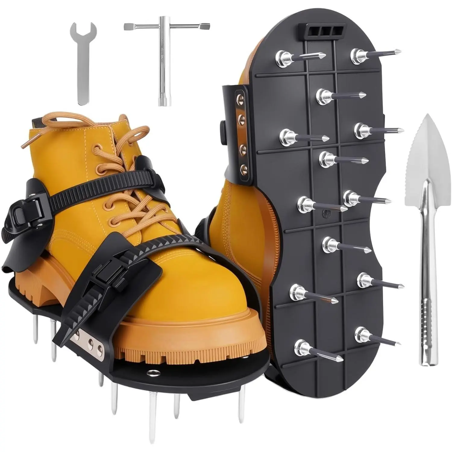 Lawn Aerator Shoes - Heavy Duty Lawn Aerator Tool for Grass with Cleaning Shovel & 6 Extra Spikes, Easy Assembly with Upgraded T-Wrench, Manual Garden Soil Aeration Tools for Yard Care