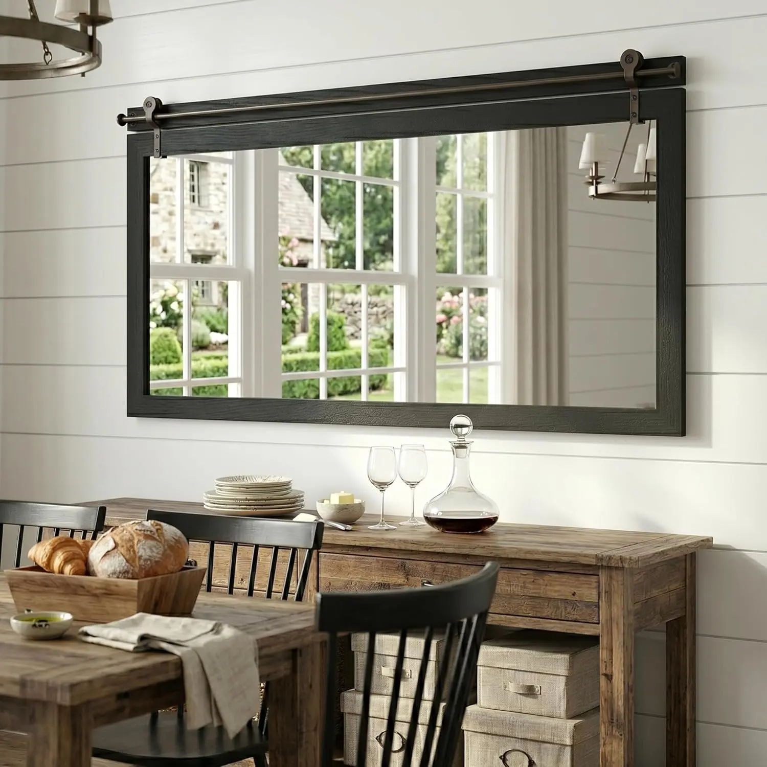 27"x49" Large Black Barn Door Mirror, Solid Wood Framed Accent Wall Mirror Horizontal, Rustic Farmhouse Oversized Decorative Mirror with Sliding Hardware for Entryway Mantel Living Room
