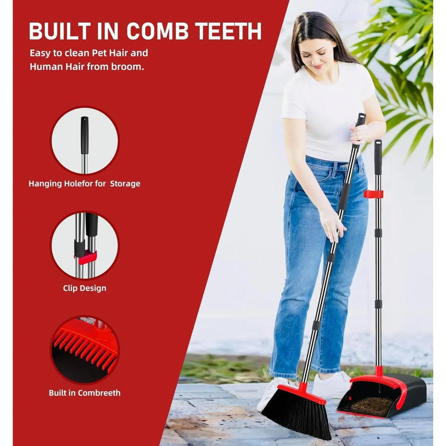 2 Pack Broom and Dustpan Combo Set, 52" Long Handle, Self-Cleaning Dustpan Teeth, Ideal for Home Office Indoor Outdoor Sweeping, Large Red