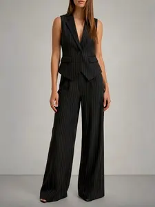 Women's 2-Piece Set: Striped Sleeveless Blazer Vest & Bell Pants, Vintage Professional Style, Suitable for Office, Formal Events, Spring Fall