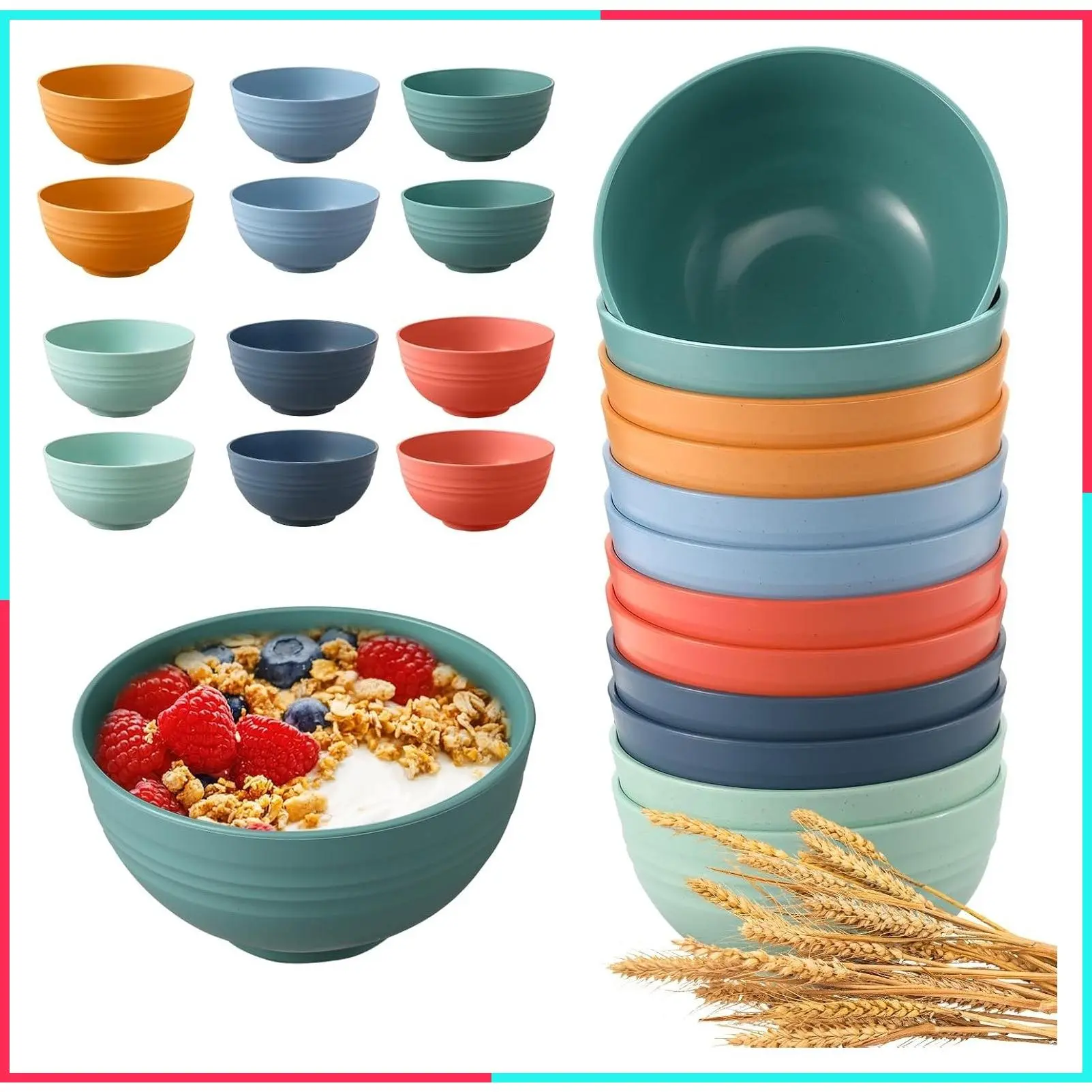 12 Pcs Unbreakable Wheat Straw Cereal Bowls Set, 26 Oz, Microwave & Dishwasher Safe, BPA Free Reusable Plastic Bowls for Soup, Salad and Snack, Multicolor