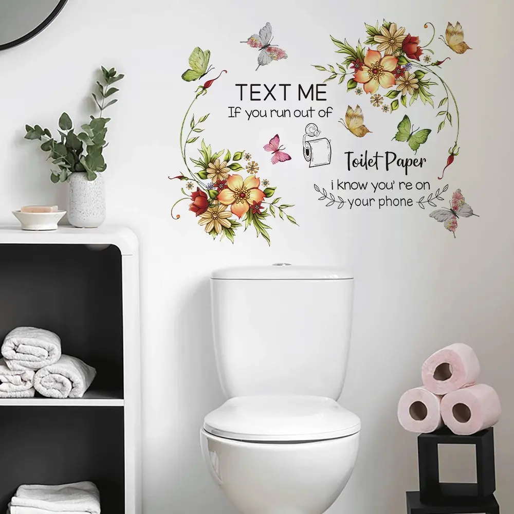 Bathroom Theme Flower Waterproof Wall Sticker, Toilet Paper Pattern Reminder Wall Sticker, Bathroom Tips Decorative Wallpaper