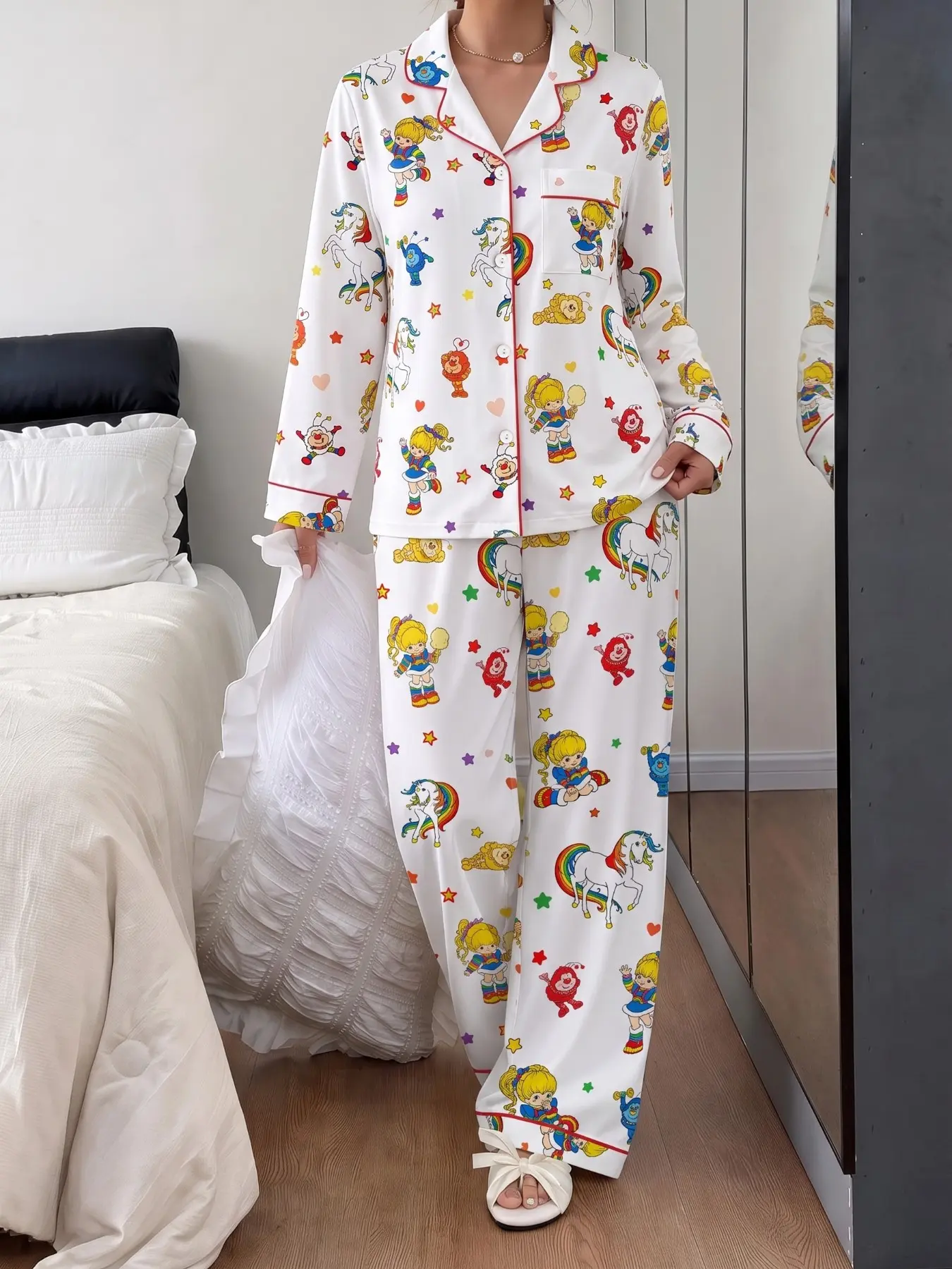 Spring Fall Women's Pajama Set, Wearable Long Sleeve Shirt and Loose Pants, Casual Fashion Rainbow Print, Homewear for Daily Use, Printed Sleepwear Set
