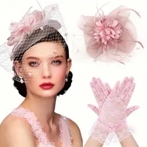 2 Pcs Women's Pink Fascinator Hat and Lace Gloves Set, Flower Mesh Veil Tea Party Headpiece for Wedding Derby Church Party