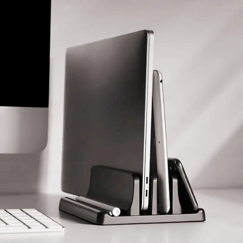 Vertical Laptop Stand with Storage for Macbook, Tablet Holder, Dual Opening Base, Cooling Game PC, Office Desk Organizer, Vertical Storage Rack
